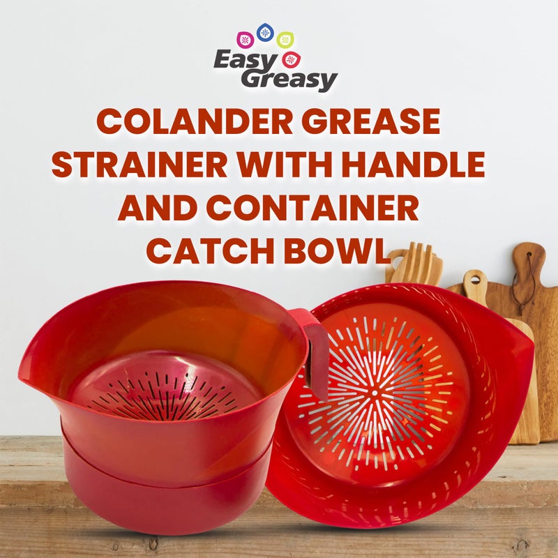 Easy Greasy Colander Grease Strainer With Handle And Container, Catch Bowl With Lid 3 Piece Strain Set | Strains Ground Beef, Bacon & Pasta | Safe Kitchen Gadget BPA Free | Made In The USA (Red) - Image 3